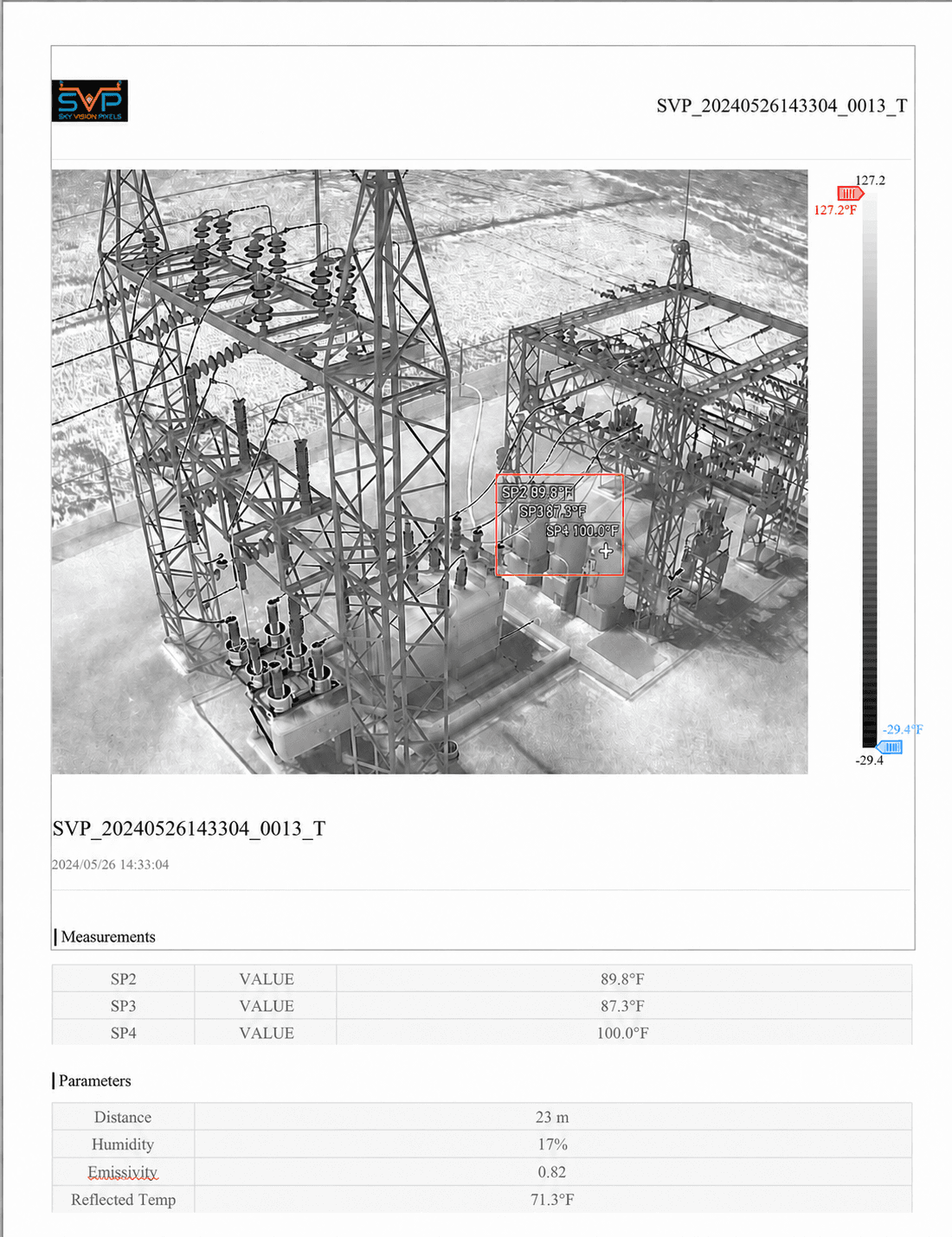 Annotated radiometric thermal inspection report showing three recloser temperature readings